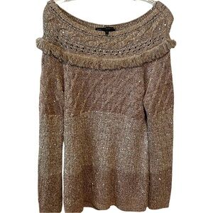 White‎ House Black Market Women's Tan Sequins Sweater with Fringe in Size M